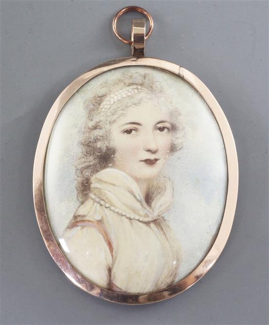 A gold miniature frame engraved Lucy, wife of James Daniell Esq., formerly the Governor of Masulipatam, aperture 2.5 x 2in.